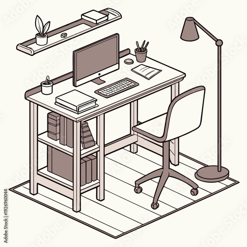Isometric illustration of a desk with a computer, books, and lamp, perfect for home office or study setup