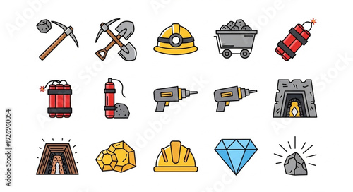 Collection of mining tools and equipment for resource extraction and exploration.