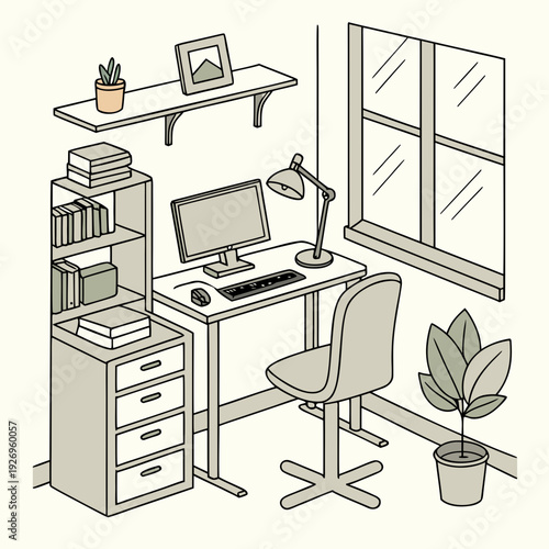 Cozy isometric home office setup with a desk, computer, bookshelf, and window, creating a productive atmosphere