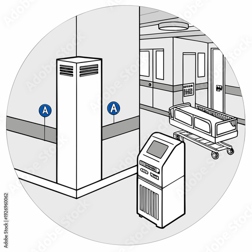 Abstract circular illustration of a hospital hallway with a gurney and equipment, suggesting healthcare and medical services