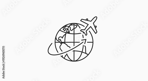 Simple line art illustration of a globe with an airplane flying around it.