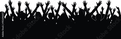 Cheering crowd silhouette, raised hands audience at concert or festival isolated on white background vector illustration