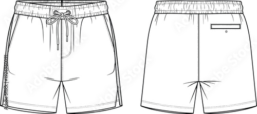 WebMen's swim shorts vector technical sketch, front and back view fashion illustration, drawstring waist beachwear template, apparel design development
