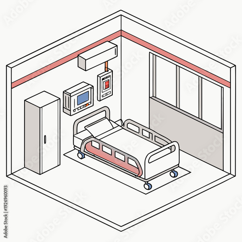 Isometric view of a modern hospital room with adjustable bed, medical equipment, and windows, designed for patient care