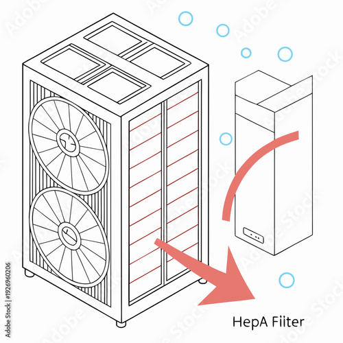 Isometric illustration of an air purifier with dual fans and a HEPA filter, demonstrating the process of filtering air and removing particles for improved indoor environment.