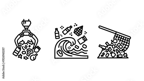 Icons illustrating ocean pollution, including a grabber collecting trash, polluted waves, and debris being netted.