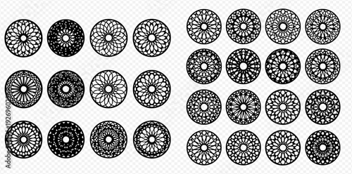 Set of intricate black and white mandala patterns for decorative design elements.