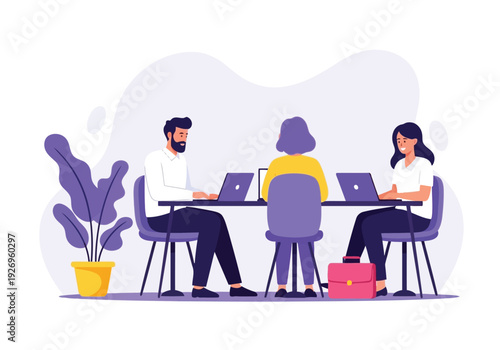 Illustration of three diverse colleagues collaborate on a project using laptops at a modern office table, fostering teamwork and productivity