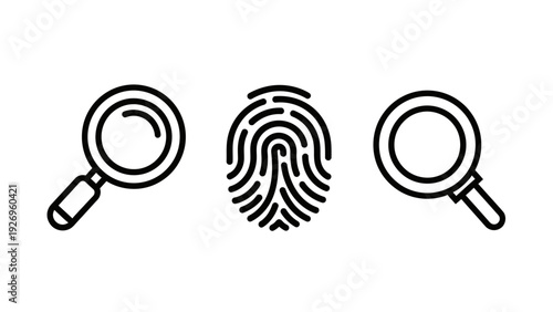 Forensic Investigation and Identity Security Icons: Magnifying Glass Examining a Fingerprint for Biometric Data and Crime Solving