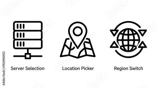 Global Server and Location Management Icons: Data Center Selection, Map Pinpointing, and Region Switching for Cloud Services
