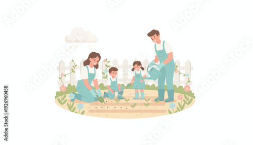 Joyful family working together in their home garden, planting and watering young sprouts, illustrating a heartwarming spring outdoor activity in a beautiful flat vector style