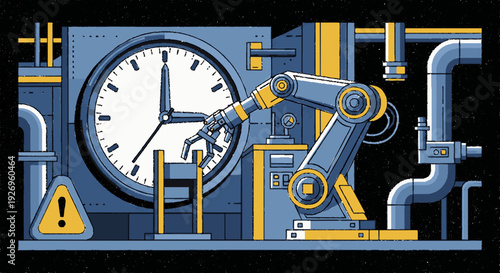 Robotic arm interacts with large clock face in industrial setting with pipes and machinery