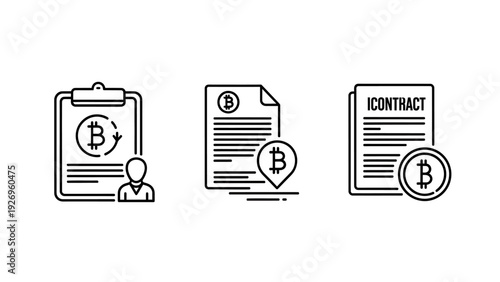 Bitcoin Cryptocurrency Contract and Agreement Documents | Digital Asset Legal Transaction Outline Icons