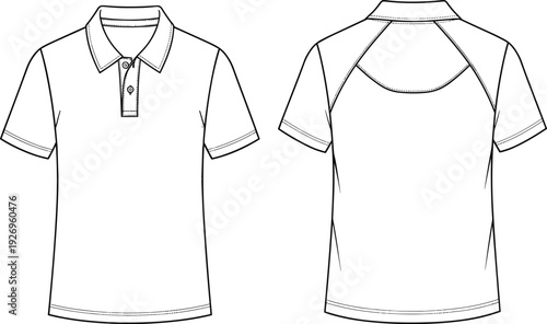 WebPolo Shirt Technical Flat Sketch Vector Template with Front and Back Views, Raglan Sleeves, and Button Placket for Fashion Design Illustration