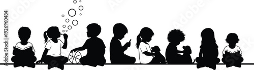 Children silhouette set, kids reading playing and sitting together isolated on white background vector illustration design