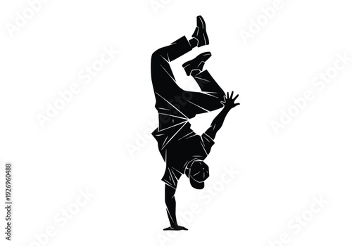 Breakdancer handstand silhouette. Dynamic male figure in acrobatic pose. Urban dance and athletic performance concept.