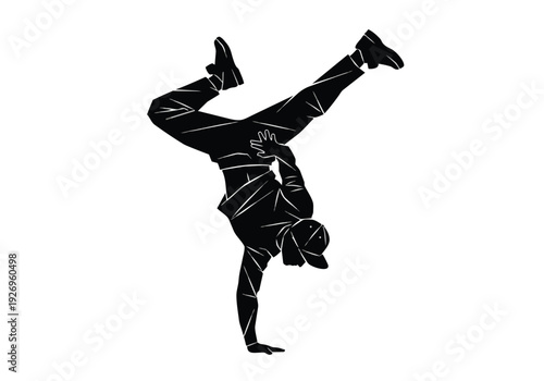 Breakdance silhouette illustration. Dynamic handstand pose of a person in a cap. Energy, movement, and urban street dance culture concept.
