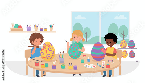 Joyful diverse children happily painting vibrant Easter eggs at a table, engaged in a creative art activity for the spring holiday celebration
