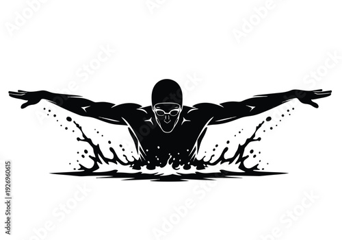 Butterfly swimmer illustration. Dynamic graphic of a person in cap and goggles with water splashes. Aquatic sport and fitness concept.
