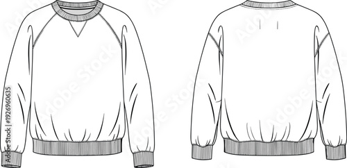 WebRaglan sleeve crew neck sweatshirt vector technical sketch, front and back view fashion illustration, basic fleece jumper template, apparel design