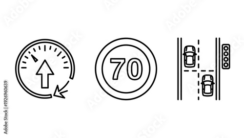 Traffic icons: speedometer, speed limit sign with number 70, and cars on a road with traffic light, representing driving and transportation safety concepts.