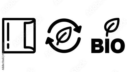 Eco-friendly icons: a sheet of paper, a recycling symbol with a leaf, and the word 'BIO' representing sustainability, nature, and organic products.