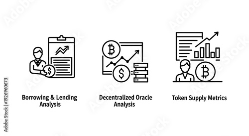 Financial icons: clipboard with graph for borrowing and lending analysis, Bitcoin chart for decentralized oracle analysis, and bar chart for token supply metrics.