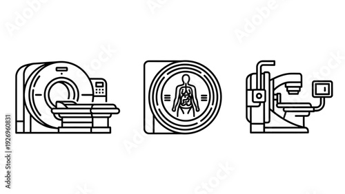 Medical Imaging Equipment Icons Depicting CT, MRI, and Mammography Scanners for Diagnostics and Healthcare