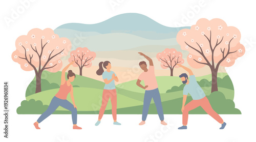 Diverse individuals exercising and stretching outdoors in a beautiful spring park with blossoming trees, promoting active lifestyle and community wellness