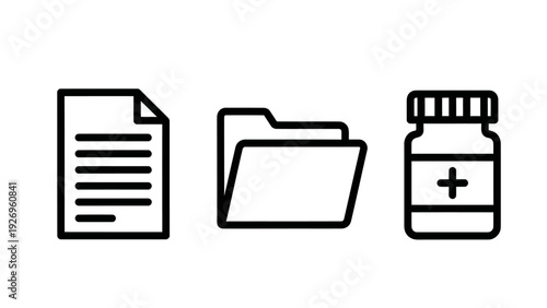 Healthcare Documents and Medical Records Management Line Icons Set: File, Folder, and Medicine Bottle for Digital Health and Pharmacy Concepts