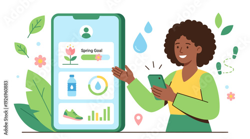 Smiling Woman Tracking Spring Health Goals and Wellness Progress on a Mobile Fitness Application, Digitally Managing Hydration and Activity Levels