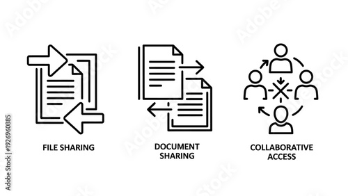 Digital Collaboration and Document Sharing Icons: File Exchange, Collaborative Access, and Teamwork for Online Productivity