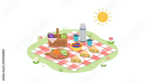 Charming flat vector illustration of a picnic setup on a checkered blanket with sunny weather and assorted food items