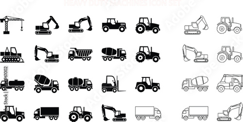 Heavy Duty Construction Equipment Silhouette Icon Set Vector Collection with Excavator Crane Tractor Dump Truck and Industrial Vehicles