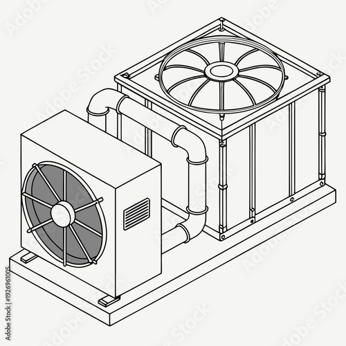 Isometric view of an industrial HVAC condenser unit with two fans and piping, designed for cooling and climate control in commercial facilities. Technical vector illustration.