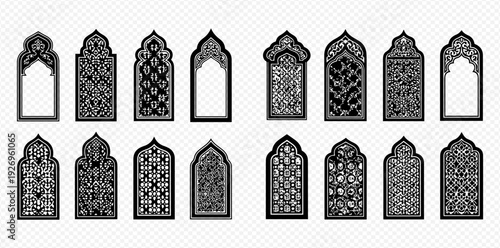 Set of Islamic Arch Windows with Intricate Arabic Patterns and Ornaments.
