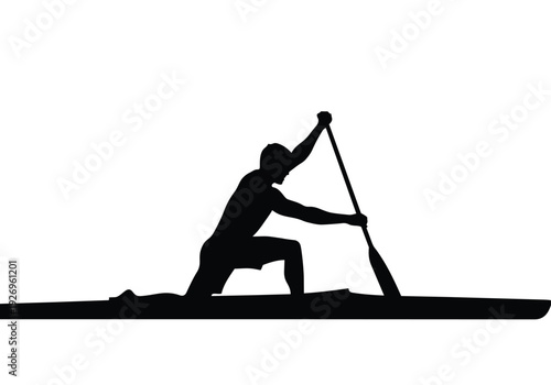Canoeist silhouette vector illustration. Man paddling a kayak or canoe. Water sport, competition, and outdoor recreation concept.