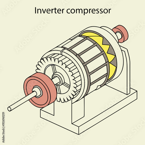 Cutaway illustration of an inverter compressor motor with gears and components