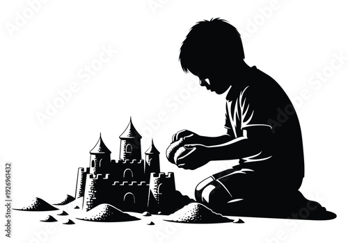 Child building sandcastle silhouette illustration. Boy playing with sand, creating a castle. Childhood, summer fun, beach activity.