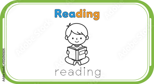 Reading themed flashcard with boy reading a book