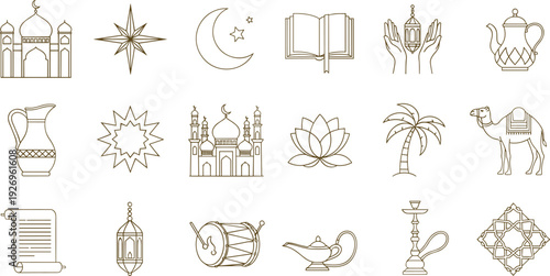 Islamic design element collection with mosque silhouettes lanterns camels palm trees and geometric patterns in golden line art vector illustration.