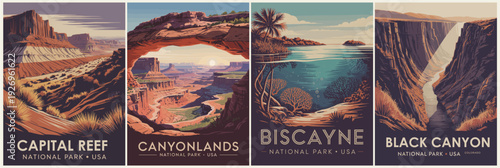 Set of four retro-style national park posters featuring desert cliffs, sandstone arches, tropical reefs, and dramatic canyon landscapes.