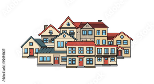 A colorful illustration depicts a charming row of houses with distinct architectural details presented as a silhouette high quality professional detailed