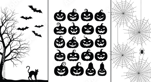 Halloween silhouette bundle with pumpkins bats spider webs black cat and spooky tree isolated on white background vector set
