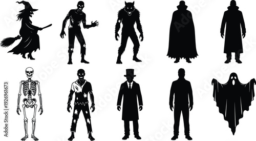 Halloween horror characters silhouette set, witch zombie werewolf vampire ghost skeleton collection isolated on white background vector illustration