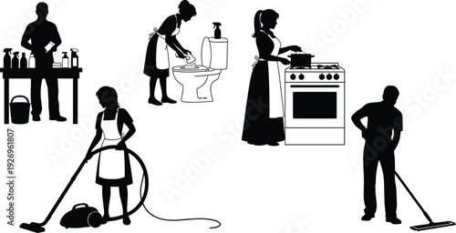 House cleaning service silhouette set, people vacuuming cooking and bathroom cleaning isolated on white background vector illustration