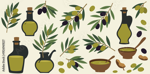 Olive Oil Vector Illustration Set with Bottles, Olives and Branches – Mediterranean Food Elements