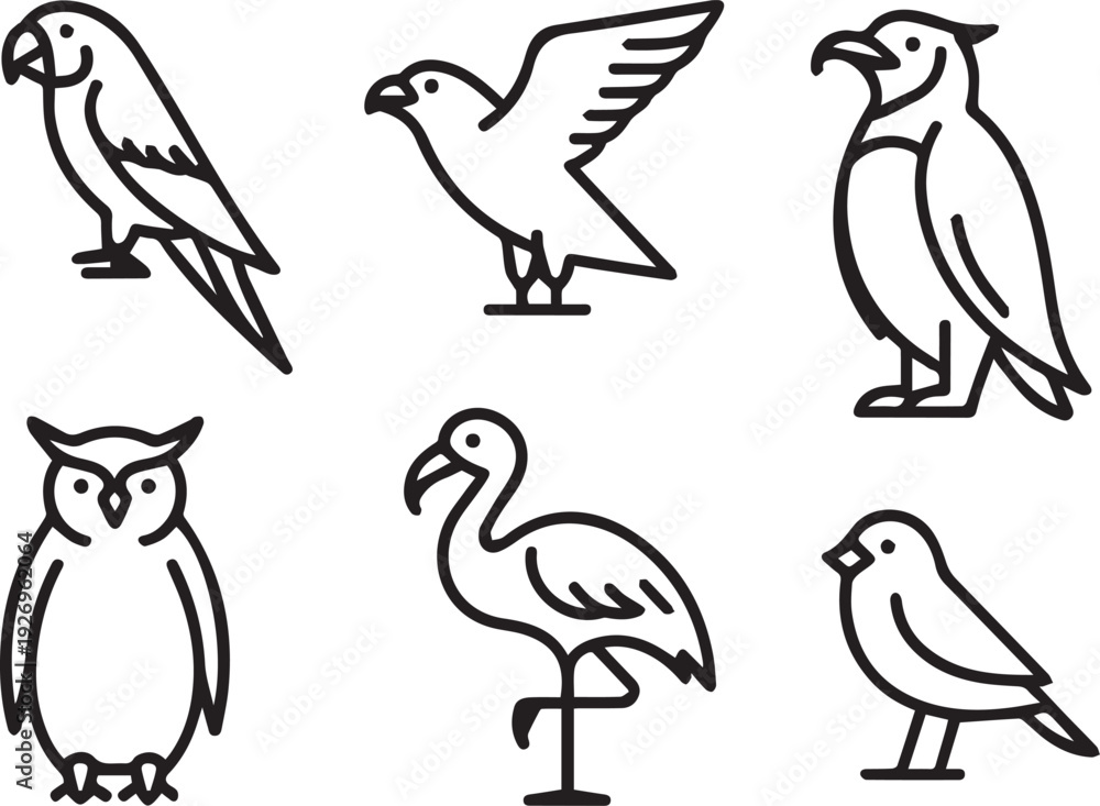 Fototapeta premium Set of Line Art Birds in Minimal Outline Style, Hand Drawn Bird Silhouettes, Simple Nature Animal Illustration Collection