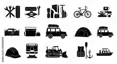 Collection of black silhouette icons for travel outdoor adventure and transportation on white background