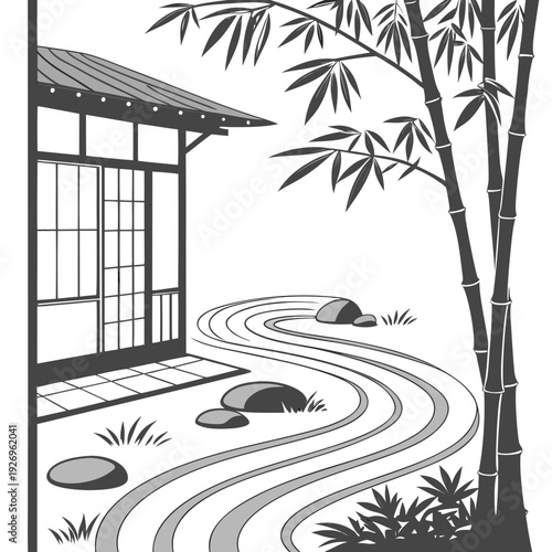 Serene Japanese Zen Garden with Bamboo and Raked Sand Pathway, Minimalist Illustration